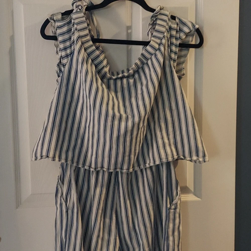 Madewell Blue & White Striped Cold Shoulder Cropped Jumpsuit